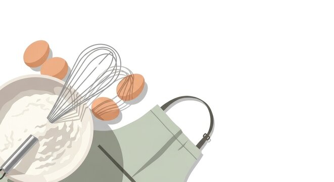 Baking Essentials - Eggs, Whisk, and Apron.