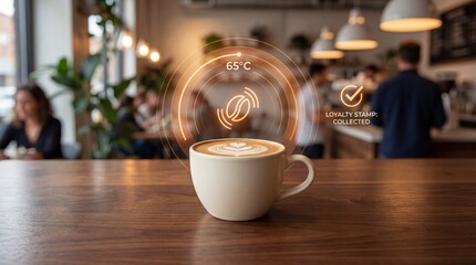 Fototapeta premium A white coffee cup with latte art on a wooden table in a blurred cafe background with digital loyalty stamp and temperature icons floating above