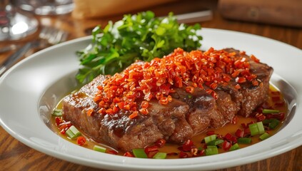 Fototapeta premium Chili Flake Topped Fried Liver on a Dish