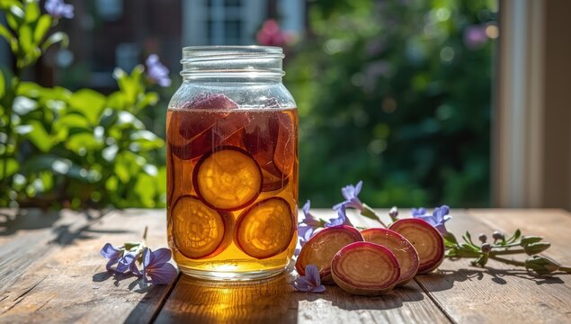Chicory root soaked in alcohol in a jar for herbal tincture