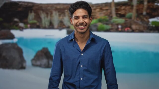 Man smiling with hands clasped, blue shirt, standing before a tropical pool backdrop in studio; calm confident joy.