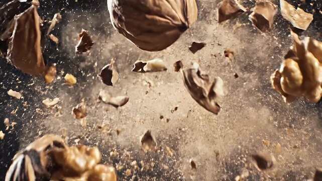 Two whole nuts exploding with fragments flying outwards against a dark background