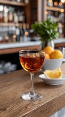 Naklejka premium Elegant cocktail in a coupette glass with rum, sweet vermouth, and apricot liqueur, served at a stylish yacht club bar, sophisticated drink presentation with luxury ambiance