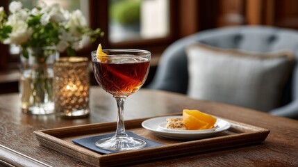 Naklejka premium Elegant cocktail in a coupette glass with rum, sweet vermouth, and apricot liqueur, served at a stylish yacht club bar, sophisticated drink presentation with luxury ambiance