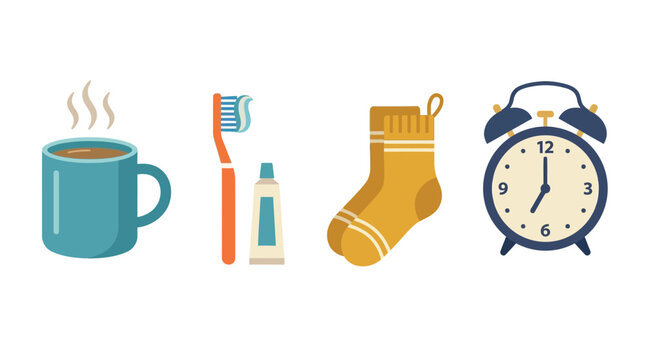 A collection of everyday morning routine items including coffee, toothbrush, sock, and alarm clock on a white background.