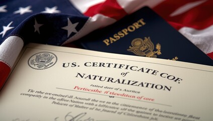 Fototapeta premium Close-up of US Naturalization Certificate featuring US flag and Passport