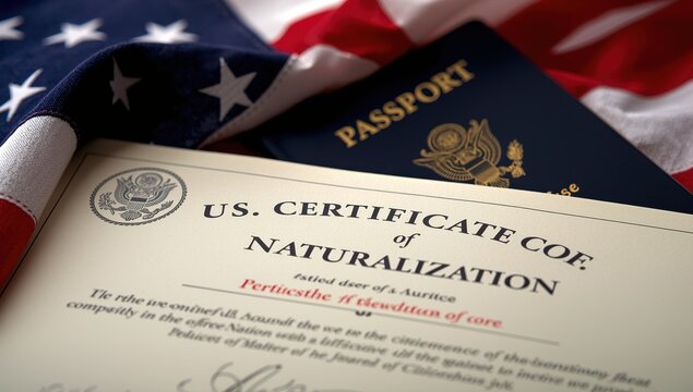 Close-up of US Naturalization Certificate featuring US flag and Passport