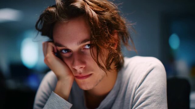 A young man stares pensively while resting his chin on his hand, capturing emotions during a moment of reflection in a softly lit room.