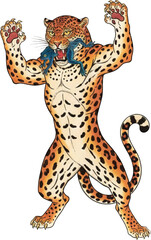 Obraz premium A fierce spotted leopard crouches low catching a vivid blue frog in its jaws.
