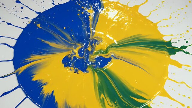 Dynamic splash of blue and yellow liquid paint creates abstract shapes