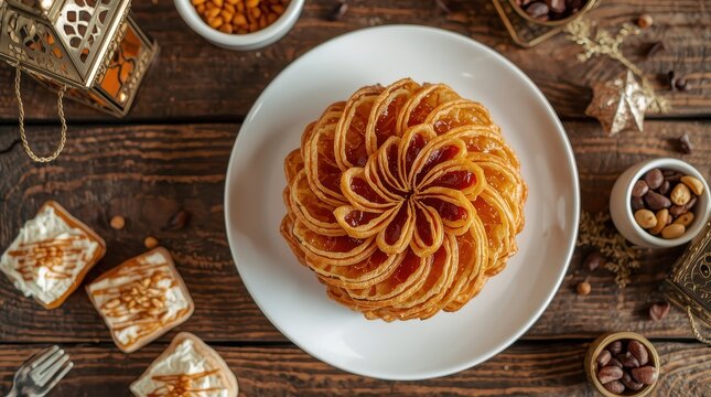 Close-up top view of traditional Turkish dessert Tas Kadayif on a white plate