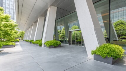 Fototapeta premium Modern Office Building Exterior with Architectural Columns and Greenery, Showcasing Contemporary Design