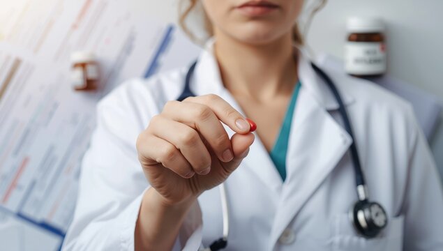 Closeup of doctor with red pill, anemia theme