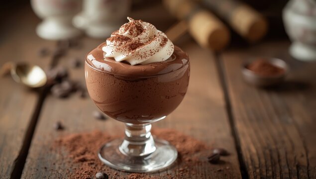 Cocoa dessert in a glass on a wooden table