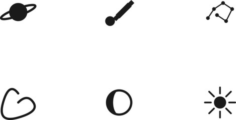 A set of six minimalist black and white icons representing various celestial objects and space exploration © Bony