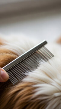 Close-up of a persons hand grooming a dogs fur with a metal comb