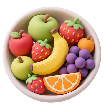 Colorful fruit bowl isolated on transparent with fresh apples bananas strawberries grapes and orange slice