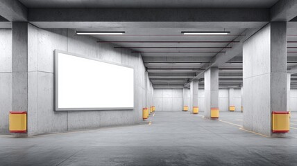Fototapeta premium Underground Parking Garage with Concrete Columns and Blank Billboard, Mockup for Advertisement, Modern Urban Space