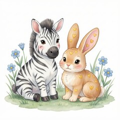 Obraz premium Cute Zebra and Rabbit Illustration with Hearts and Flowers for Kids