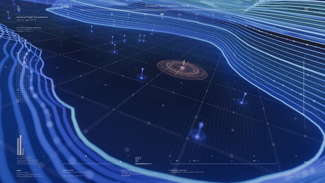 3D rendering UAV telemetry interface showing a detailed topographic map