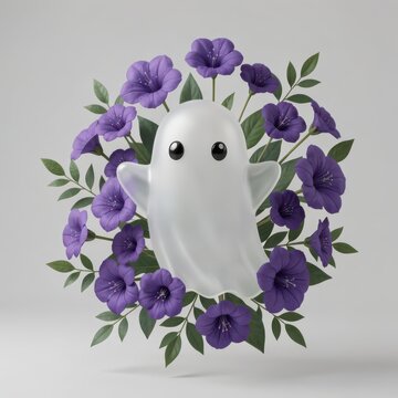 Cute White Ghost Character with Purple Flowers, Floral Wreath Design