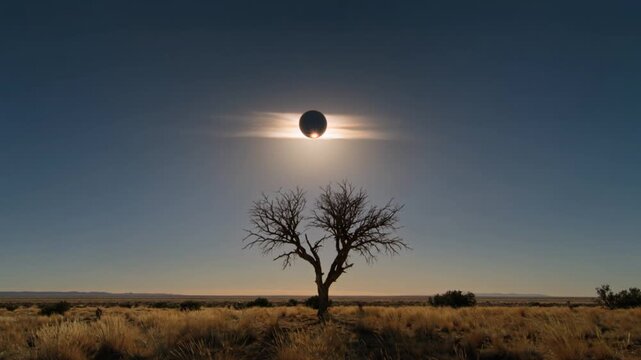 Eclipse occurs over a desolate landscape with a bare tree standing alone under the sun.