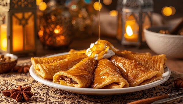 Cream-filled qatayef drizzled with honey