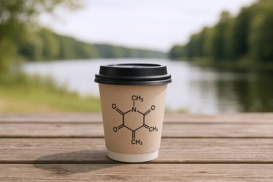 Coffee Cup with Caffeine Molecule on Wooden Table Outdoors in Nature by River