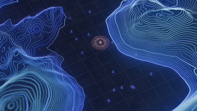 High tech mapping, HUD dashboard, volumetric terrain mesh, concentric radar