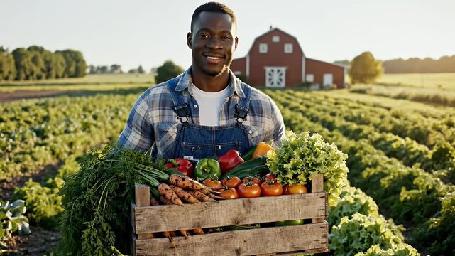 Farmer holding fresh produce in a field with barn
