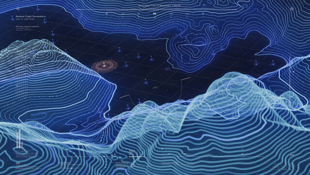 Geospatial UAV telemetry dashboard 3D rendering with glowing blue contour terrain