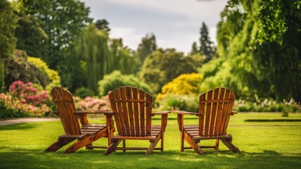Fototapeta premium Tranquil Garden Scene with Wooden Chairs on Lush Green Lawn for Relaxation and Outdoor Enjoyment
