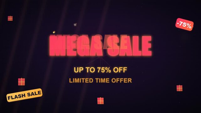 Mega Sale Festival Promotional Animation with Glowing Text And Red Text Up To 75% OFF, Limited Time OFFER