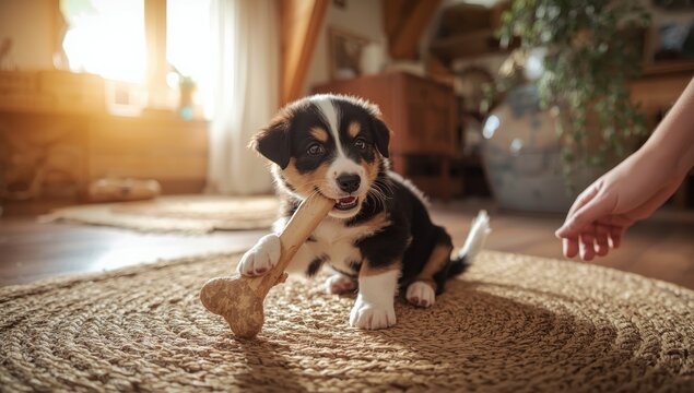 Cute tricolor puppy gnawing on a bone atop a jute rug in a rustic home