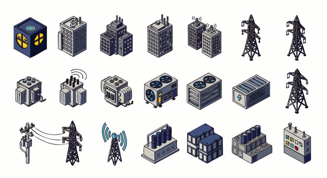 Isometric industrial buildings, power lines, and energy infrastructure icons set