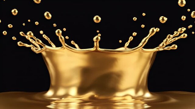 A liquid gold splash erupts with droplets against a black background
