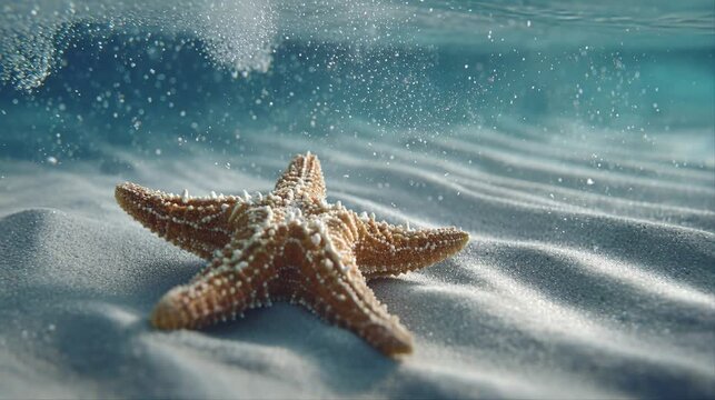 Beautiful starfish resting on rippled sandy ocean floor with clear blue water and soft light rays above, realistic 3D style underwater nature scene animation background.