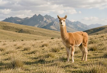 Obraz premium Llama Standing in a Grassy Field with Mountains in the Background