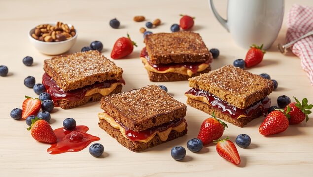 Delicious PB&J sandwiches on a bright table, overhead view