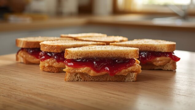 Delicious PB&J sandwiches on a bright table, close-up