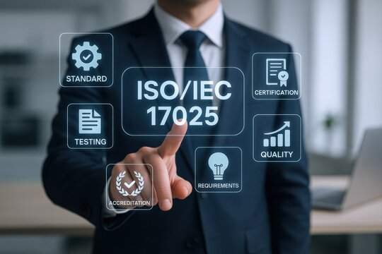 ISO IEC 17025 Standard Concept: Businessman Touching Virtual Screen Displaying Standard Requirements for Certification and Accreditation