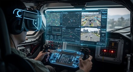 Fototapeta premium Person operates a sophisticated holographic interface in a futuristic cockpit, controlling drones and viewing real-time data streams.