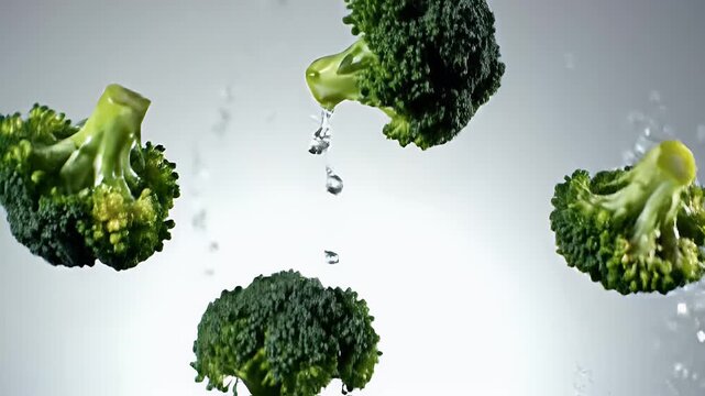 Fresh green broccoli florets and stems fall into water with splashes