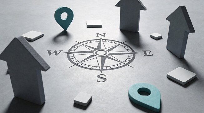 Strategy Compass Rose. A floor compass rose anchors arrow slabs and blank waypoint chips on a quiet studio plane