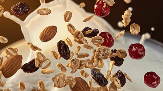 Close up macro shot of granola with berries and nuts falling in milk