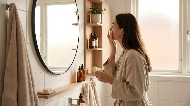 A woman in a robe applying face cream in a bright, modern bathroom with a round mirror and shelves.