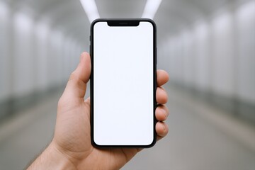 Fototapeta premium Hand Holding Smartphone with Blank Screen Display in Bright Tunnel for Mockup or Advertisement