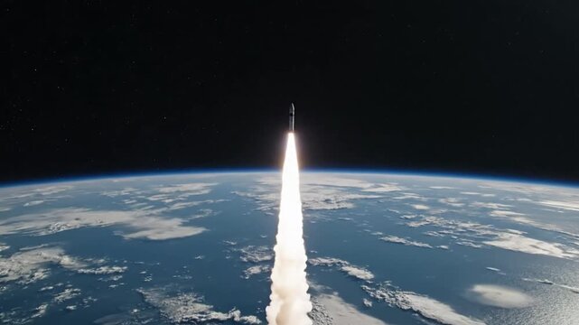 A rocket launches into space from Earth with a bright trail