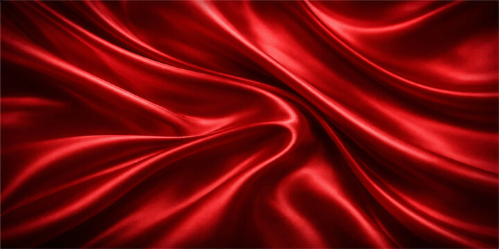 A smooth red satin fabric creates a luxurious flowing backdrop with soft shiny waves and elegant curves across the textile material