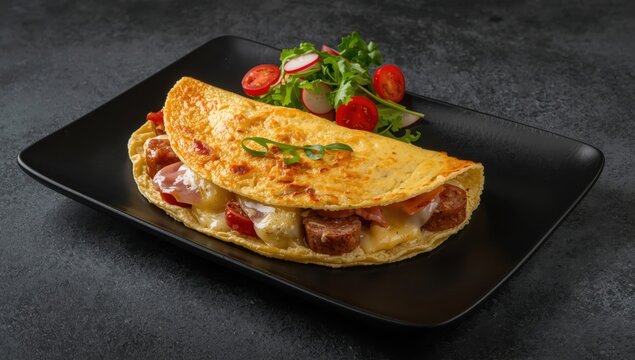 Egg dish with ham and salad on dark plate against slate backdrop